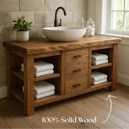 Handcrafted Solid Wood Bathroom Vanity – Live Edge Top with 3 Drawers & Open Shelving Kitchnce