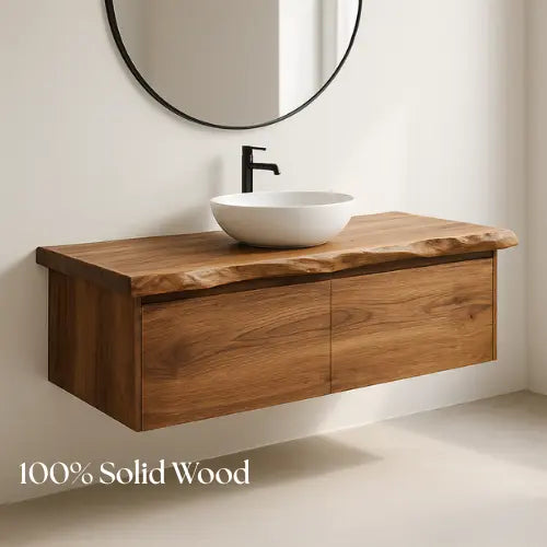 Handcrafted Floating Solid Wood Bathroom Vanity – Live Edge Countertop with Hidden Drawers – Modern Rustic Wall-Mount Design Kitchnce