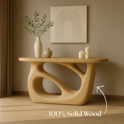 Handcrafted Solid Wood Sculptural Console Table – Light Oak Organic Form Kitchnce