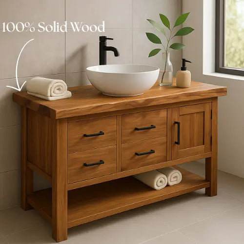 Handcrafted Solid Oak Bathroom Vanity – Live Edge Countertop with Drawers & Cabinet – Modern Rustic Wood Design for Warm, Natural Bathrooms Kitchnce