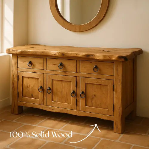 Handcrafted Solid Wood Live Edge Console Table – Rustic Oak with Drawers and Cabinet Doors Kitchnce