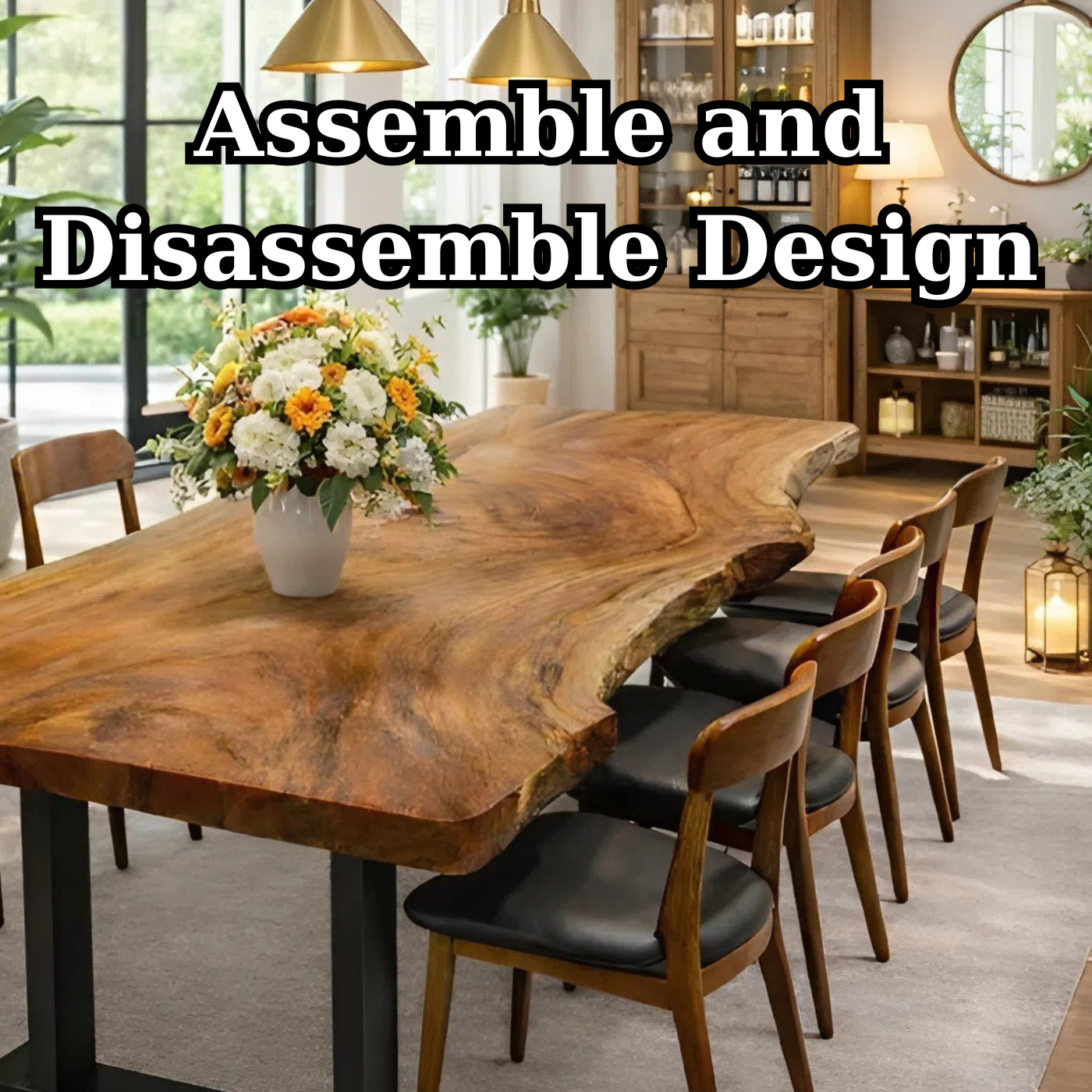 Modern Artful Live Edge Wood Dining Table with Minimal Metal Base