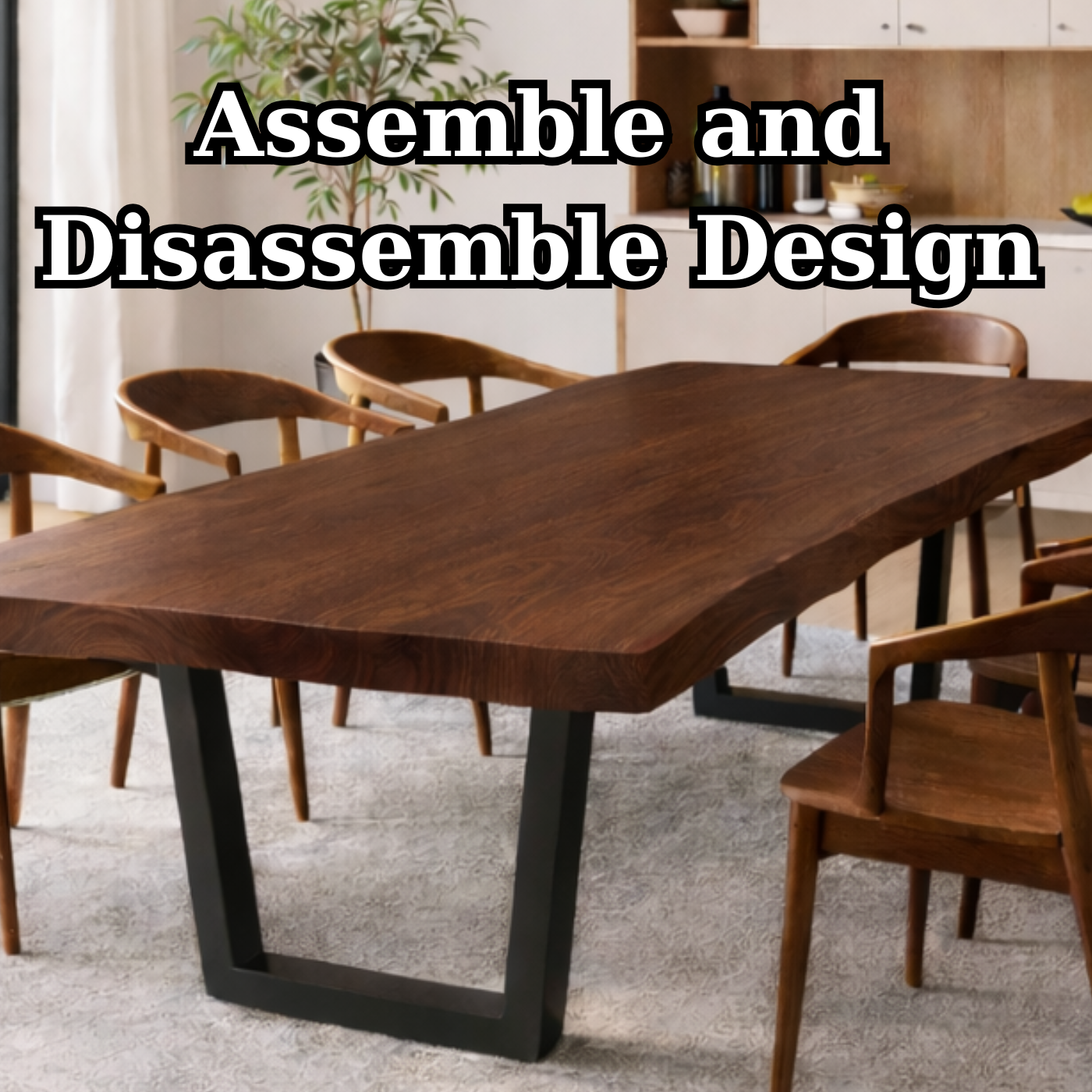 Modern Solid Walnut Dining Table with Black U-Shaped Steel Legs for Minimalist Interiors