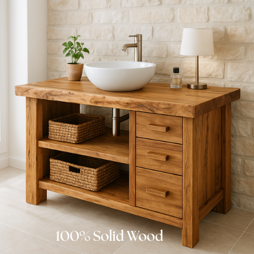 Handcrafted Solid Wood Bathroom Vanity – Rustic Live Edge Countertop with 3 Drawers & Open Shelves – Farmhouse Natural Finish Kitchnce