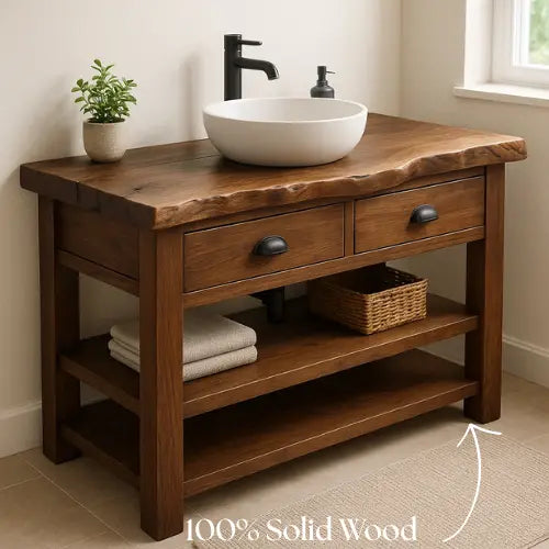 Handcrafted Solid Wood Bathroom Vanity – Live Edge Top with 2 Drawers and Open Shelving Kitchnce