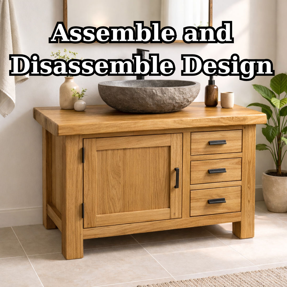 Natural Solid Wood Bathroom Vanity with Single Door and Three Drawers