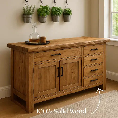 Handcrafted Solid Wood Live Edge Console Table – Natural Oak with Drawers and Cabinet Storage Kitchnce