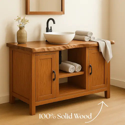Handcrafted Solid Wood Bathroom Vanity – Live Edge Top with Dual Cabinets and Open Shelf Kitchnce
