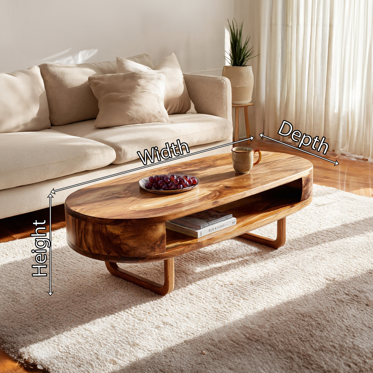 Solid Wood Oval Coffee Table with Shelf Modern Natural Wood Living Room Table