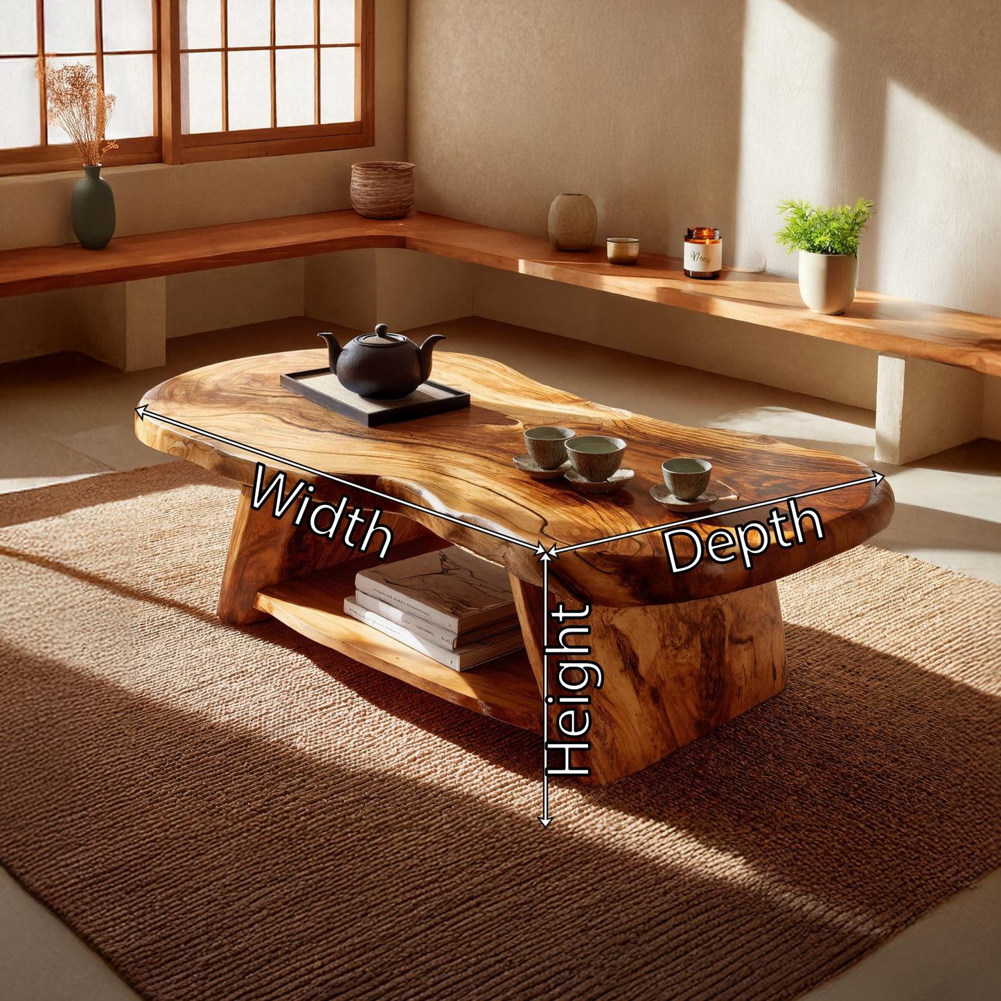 Live Edge Solid Wood Coffee Table Organic Shape Natural Wood Tea Table with Shelf