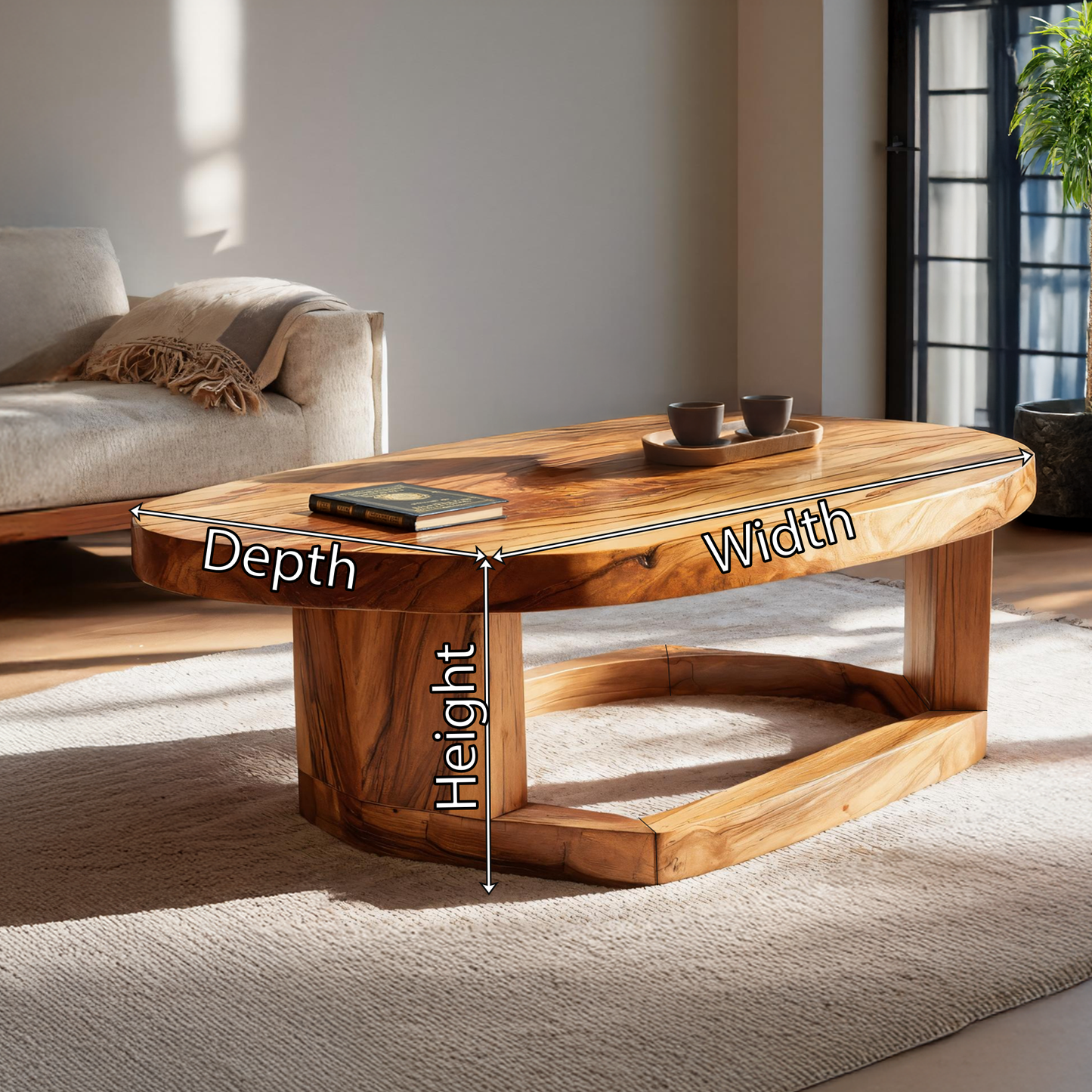 Solid Wood Oval Coffee Table handcrafted Natural Wood Living Room Table with Sculptural Base