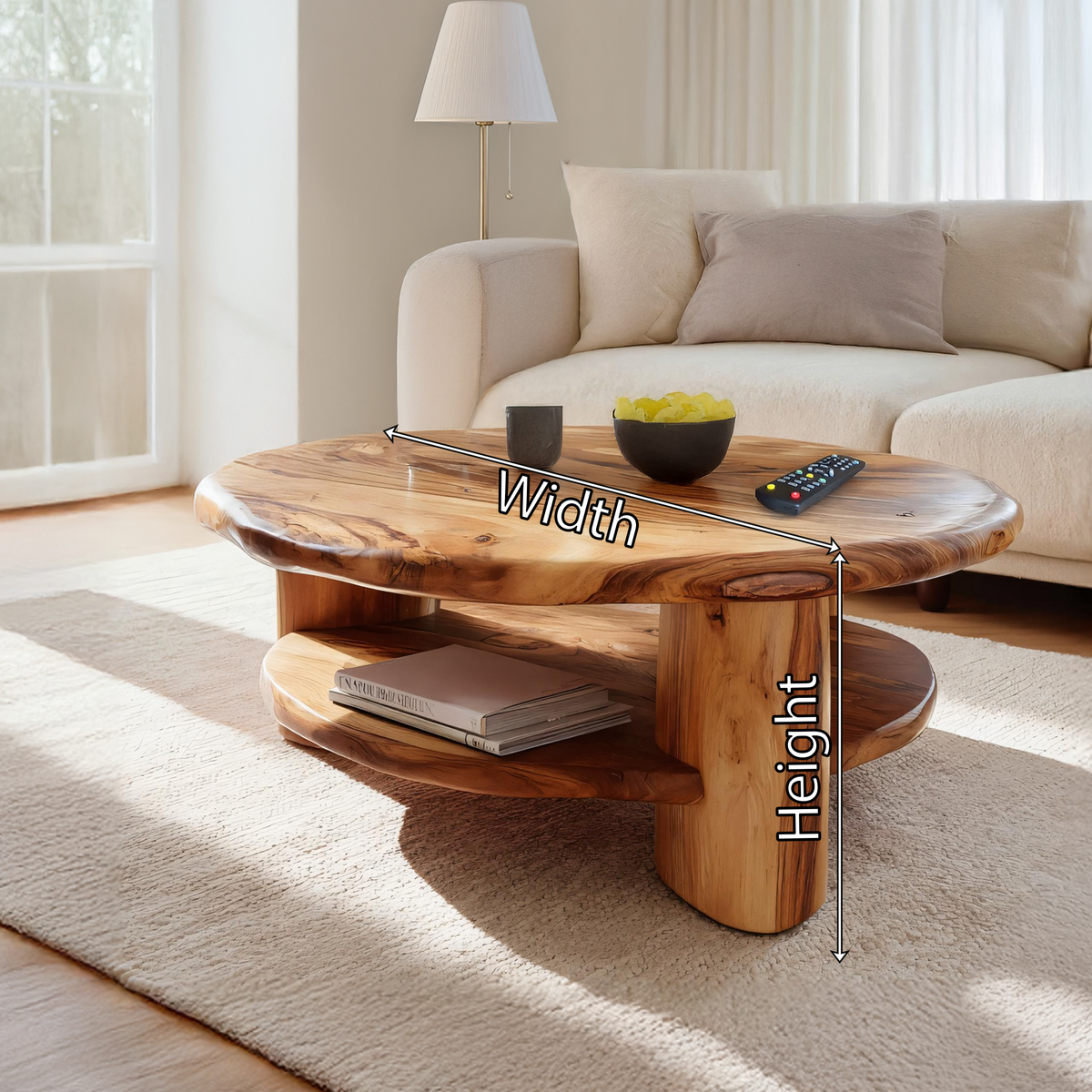 Round Solid Wood Coffee Table with Shelf Handcrafted Natural Wood Living Room Table
