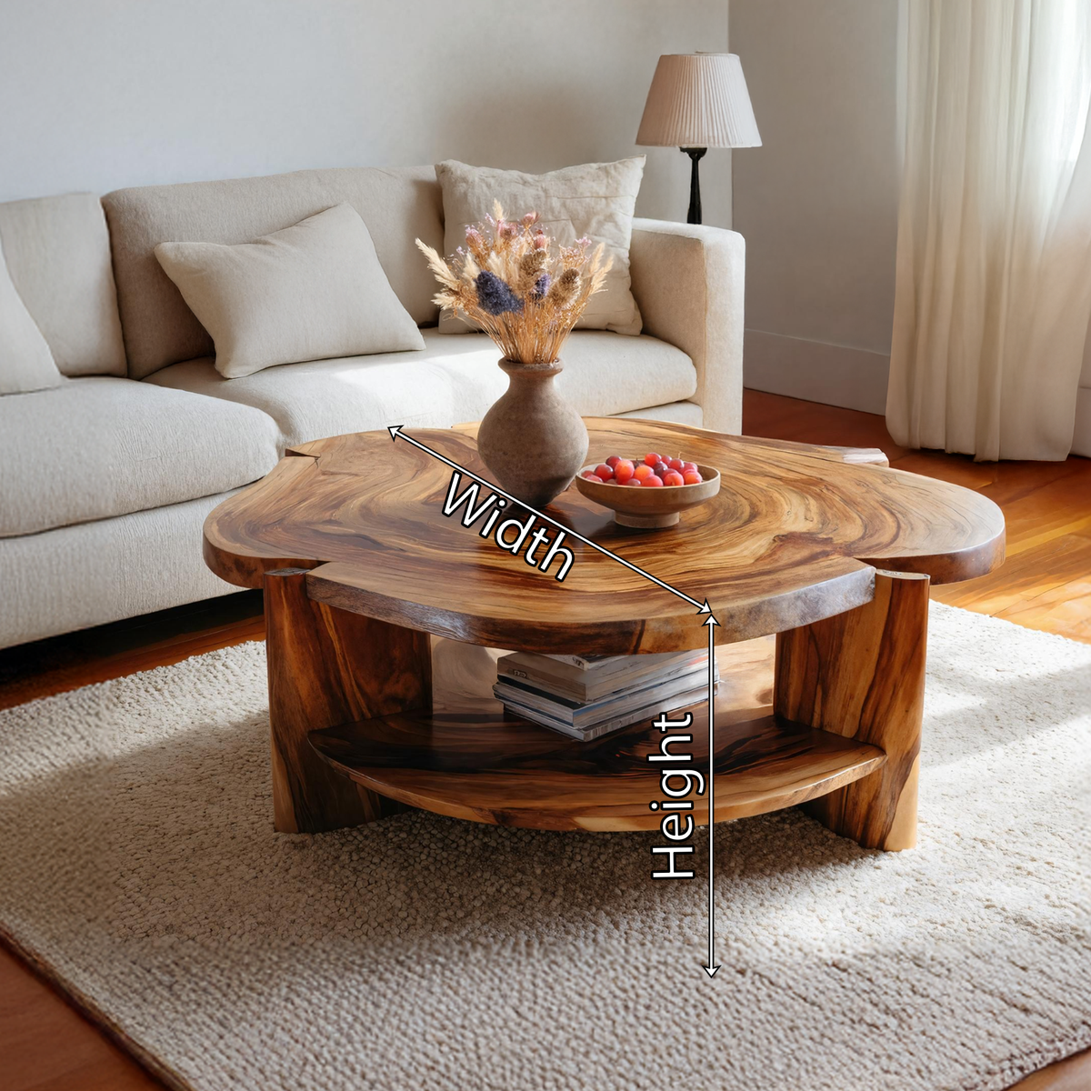 Live Edge Round Solid Wood Coffee Table Natural Wood Center Table with Shelf