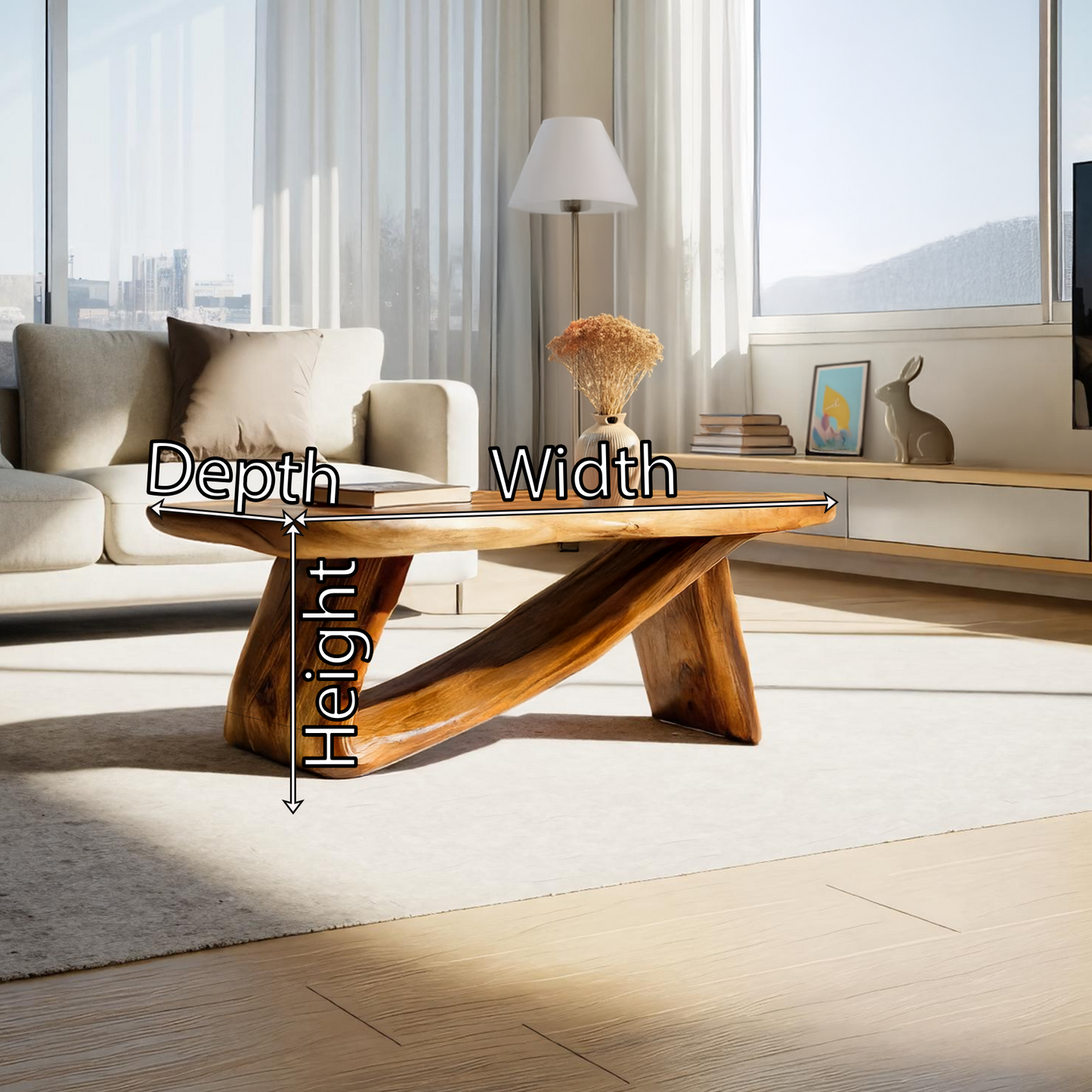 Sculptural Solid Wood Coffee Table Handcrafted Natural Wood Modern Center Table