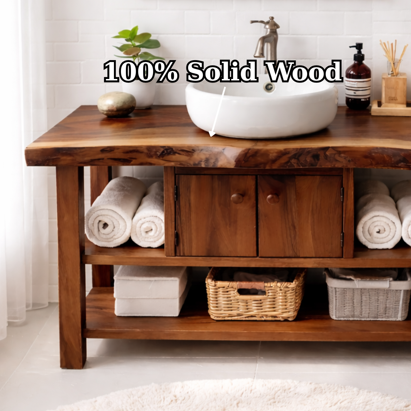 Live Edge Solid Wood Bathroom Vanity with Open Shelves and Storage Cabinet – Rustic Modern Bathroom Vanity Kitchnce