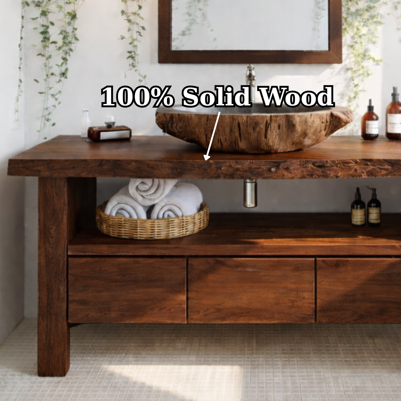 Live Edge Solid Wood Bathroom Vanity with Drawers and Open Shelf – Rustic Natural Wood Bathroom Vanity Kitchnce