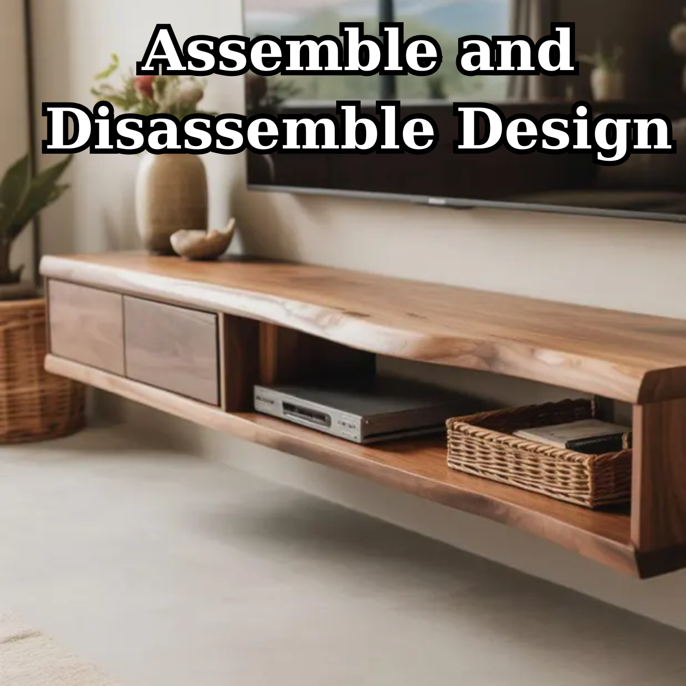 Handcrafted Solid Wood Floating TV Stand, Live Edge Media Console, Wall-Mounted Kitchnce
