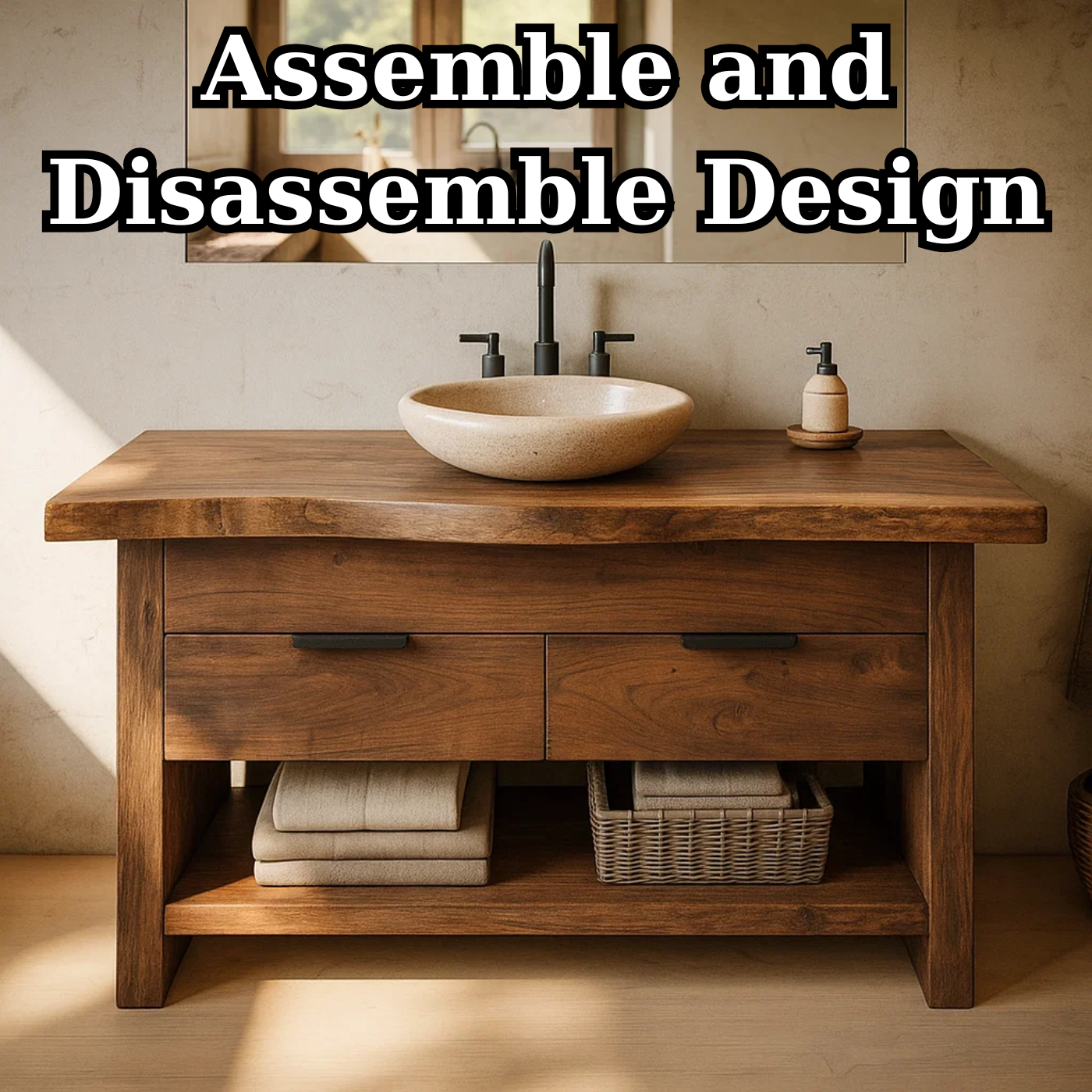 Handcrafted Solid Wood Bathroom Vanity with Live Edge Top and Open Storage Shelf Kitchnce