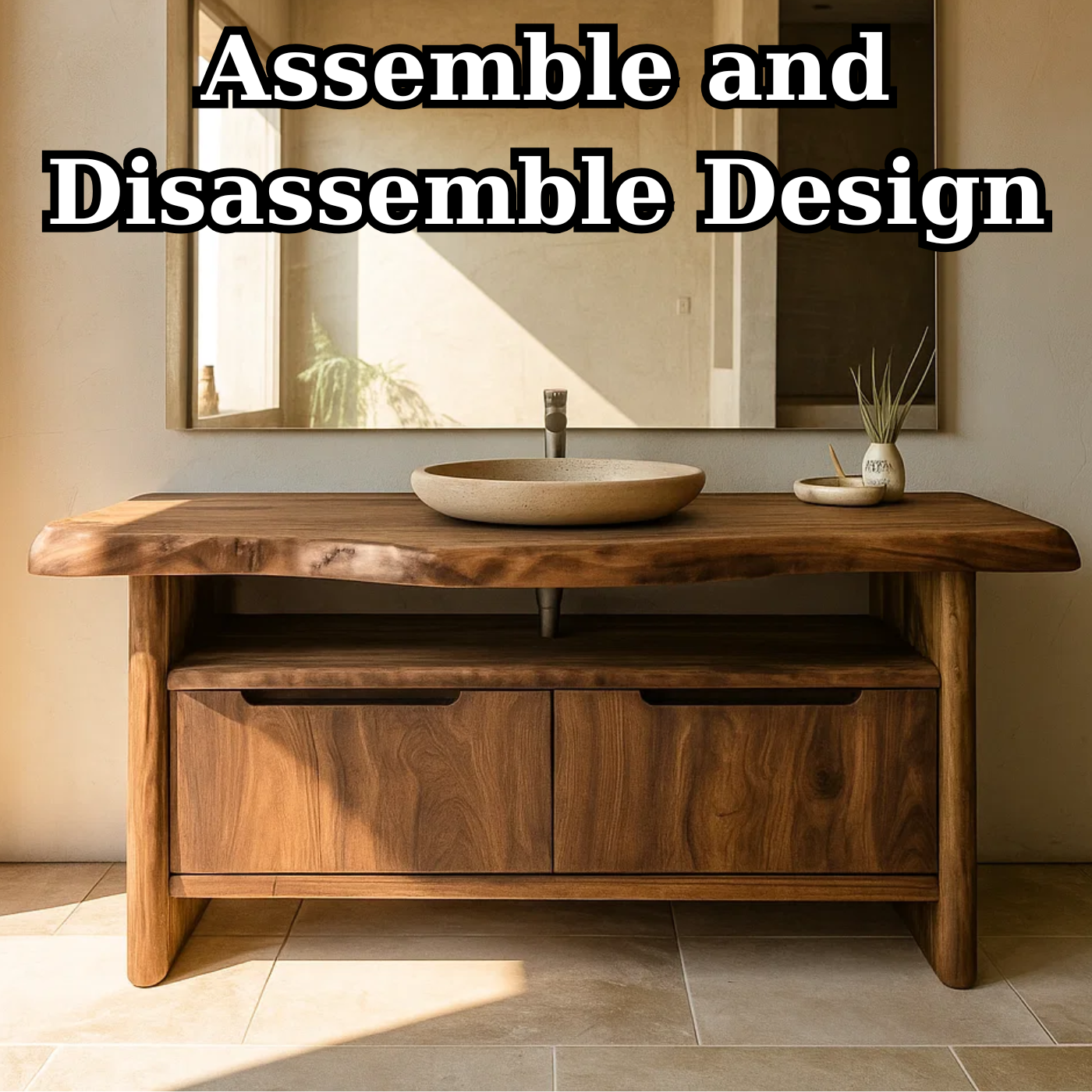 Handcrafted Solid Wood Bathroom Vanity with Live-Edge Walnut Top & Soft-Close Doors Kitchnce