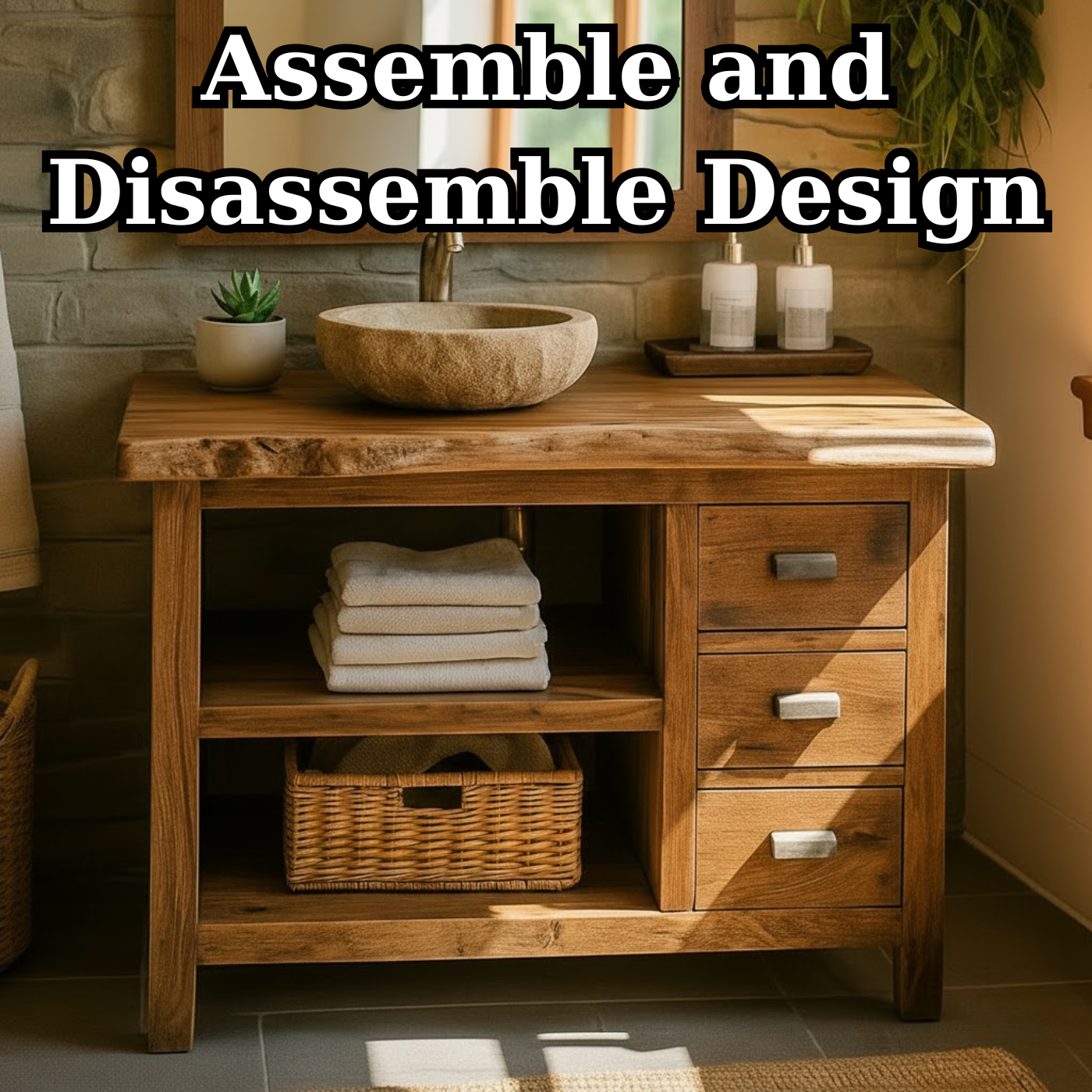 Handcrafted Solid Wood Bathroom Vanity with Live-Edge Top and Spacious Open Storage Kitchnce