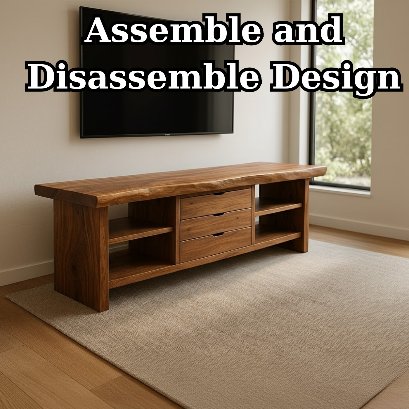Handcrafted Solid Wood TV Stand - Live Edge Walnut, 3 Drawers & Open Shelves Kitchnce