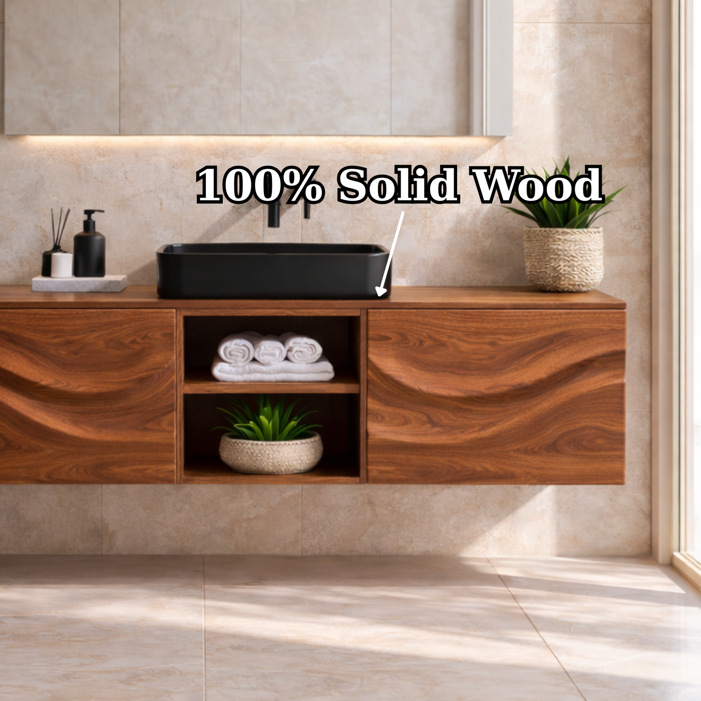 Floating Walnut Bathroom Vanity, Wall Mounted Wood Vanity Cabinet with Open Shelf Kitchnce