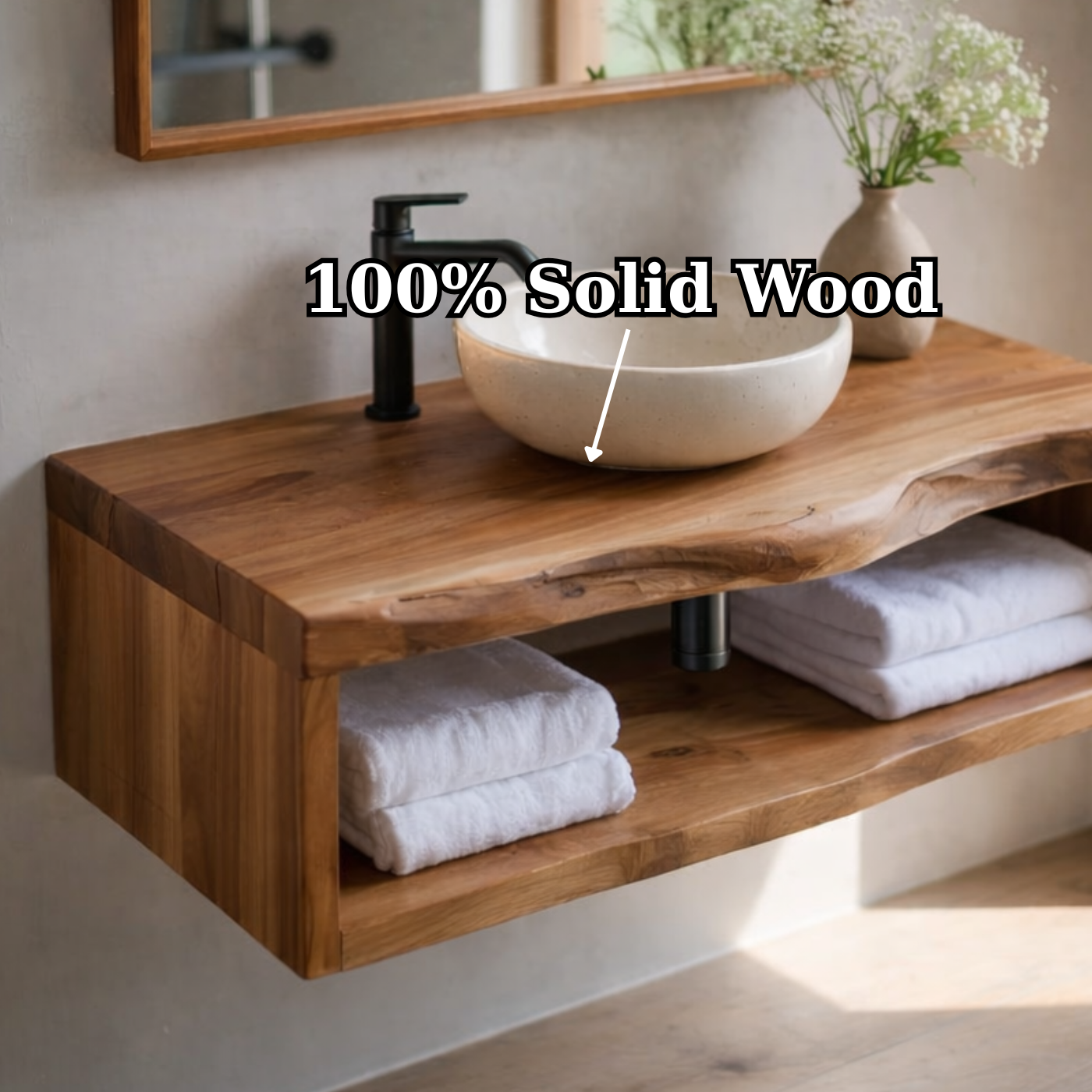 Live Edge Floating Bathroom Vanity, Solid Wood Wall Mounted Vanity Shelf with Storage Kitchnce