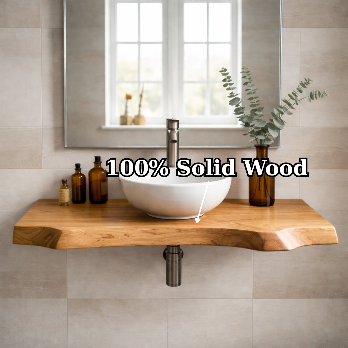 Floating Live Edge Solid Wood Bathroom Vanity – Wall Mounted Natural Wood Slab Vanity Kitchnce