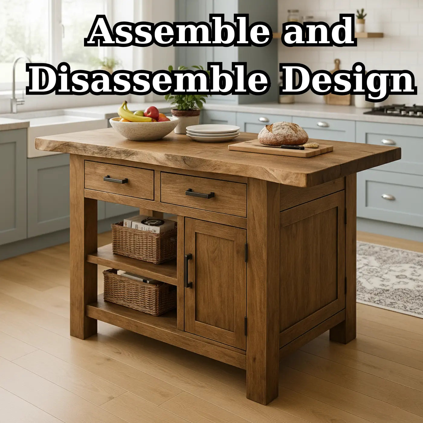 Handcrafted Solid Wood Kitchen Island - Live-Edge Top, Drawers & Cabinet Kitchnce
