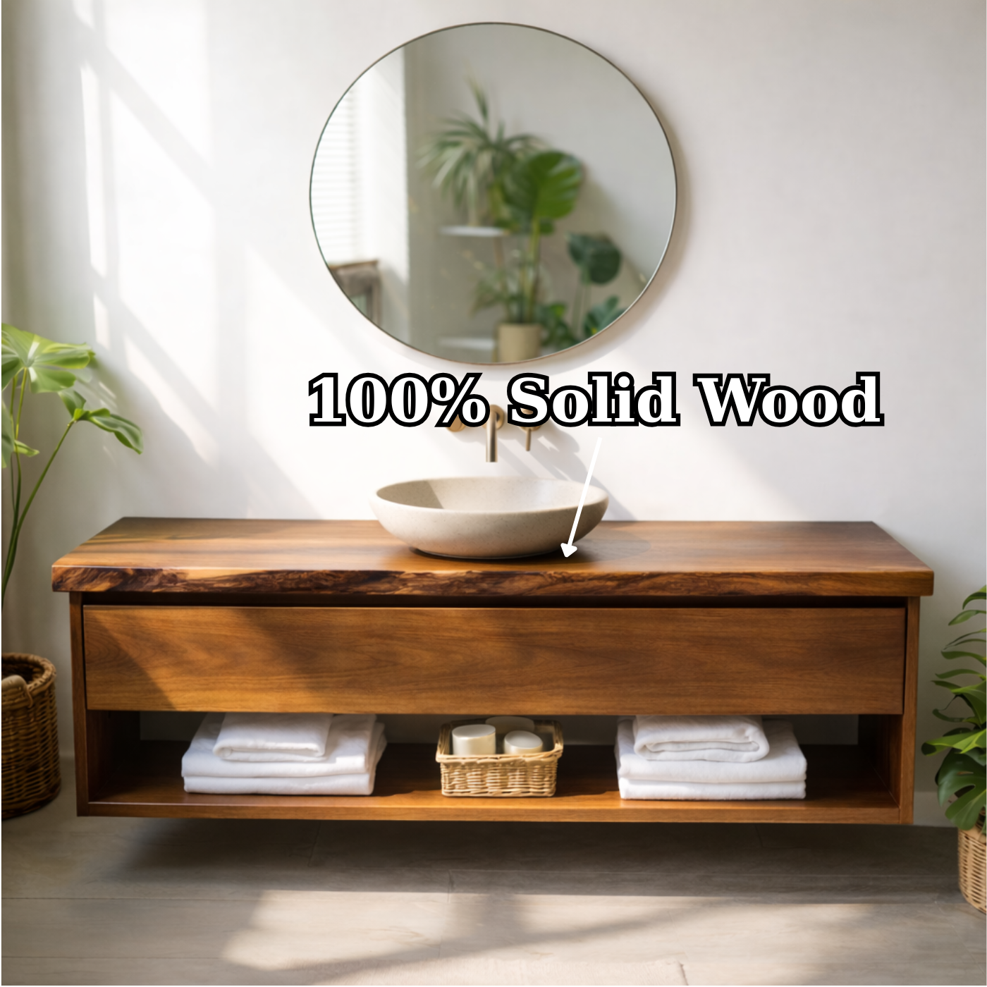 Floating Solid Wood Bathroom Vanity with Drawer and Open Shelf, Wall Mounted Wood Vanity Kitchnce