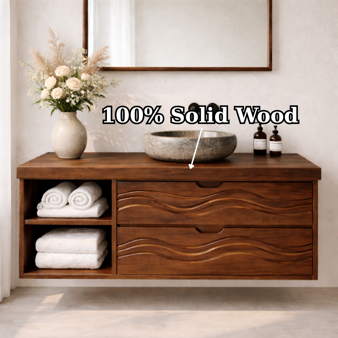 Floating Solid Wood Bathroom Vanity with Wave Drawer Front, Wall Mounted Wood Vanity with Open Shelf Kitchnce