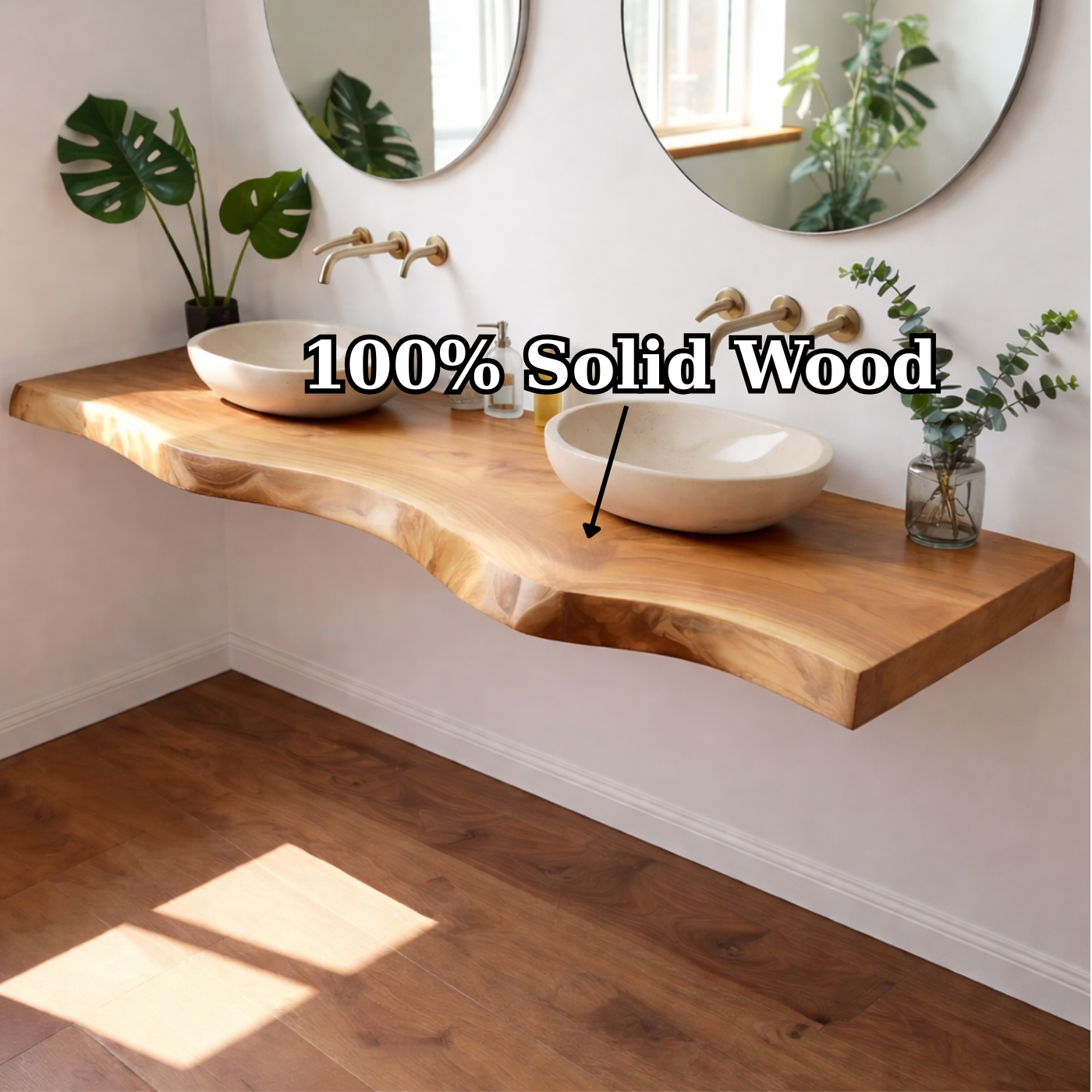 Floating Live Edge Solid Wood Double Sink Bathroom Vanity Top – Rustic Wall Mounted Wood Countertop Kitchnce