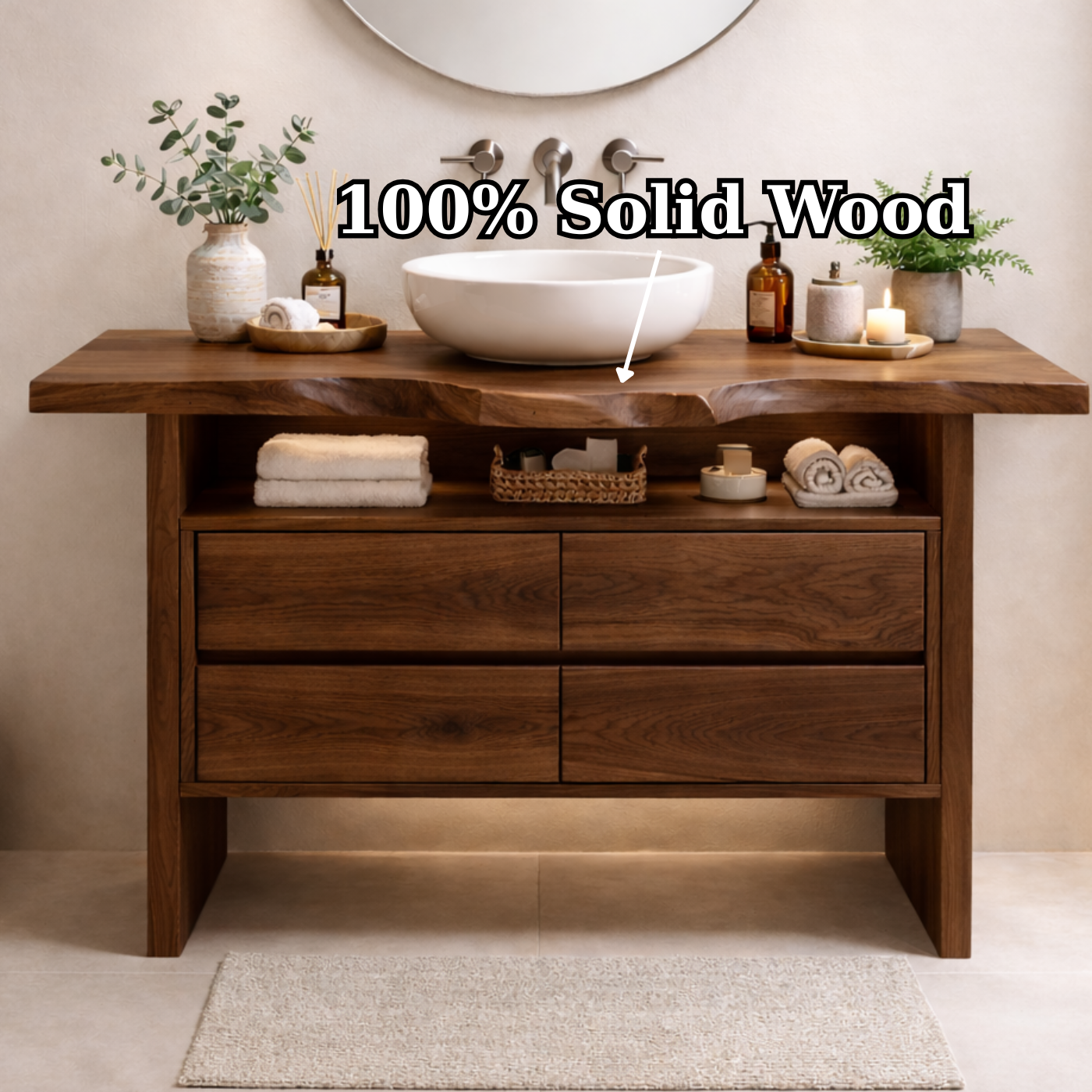 Solid Wood Bathroom Vanity with Open Shelf and Four Drawers Kitchnce
