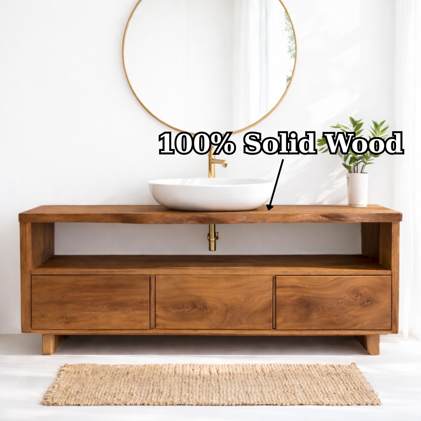 Solid Wood Bathroom Vanity with Open Shelf and Three Drawers – Rustic Freestanding Wood Vanity Cabinet Kitchnce