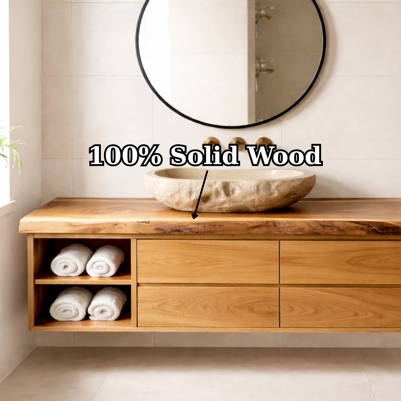 Floating Solid Wood Bathroom Vanity with Live Edge Countertop, Drawers and Open Storage Kitchnce