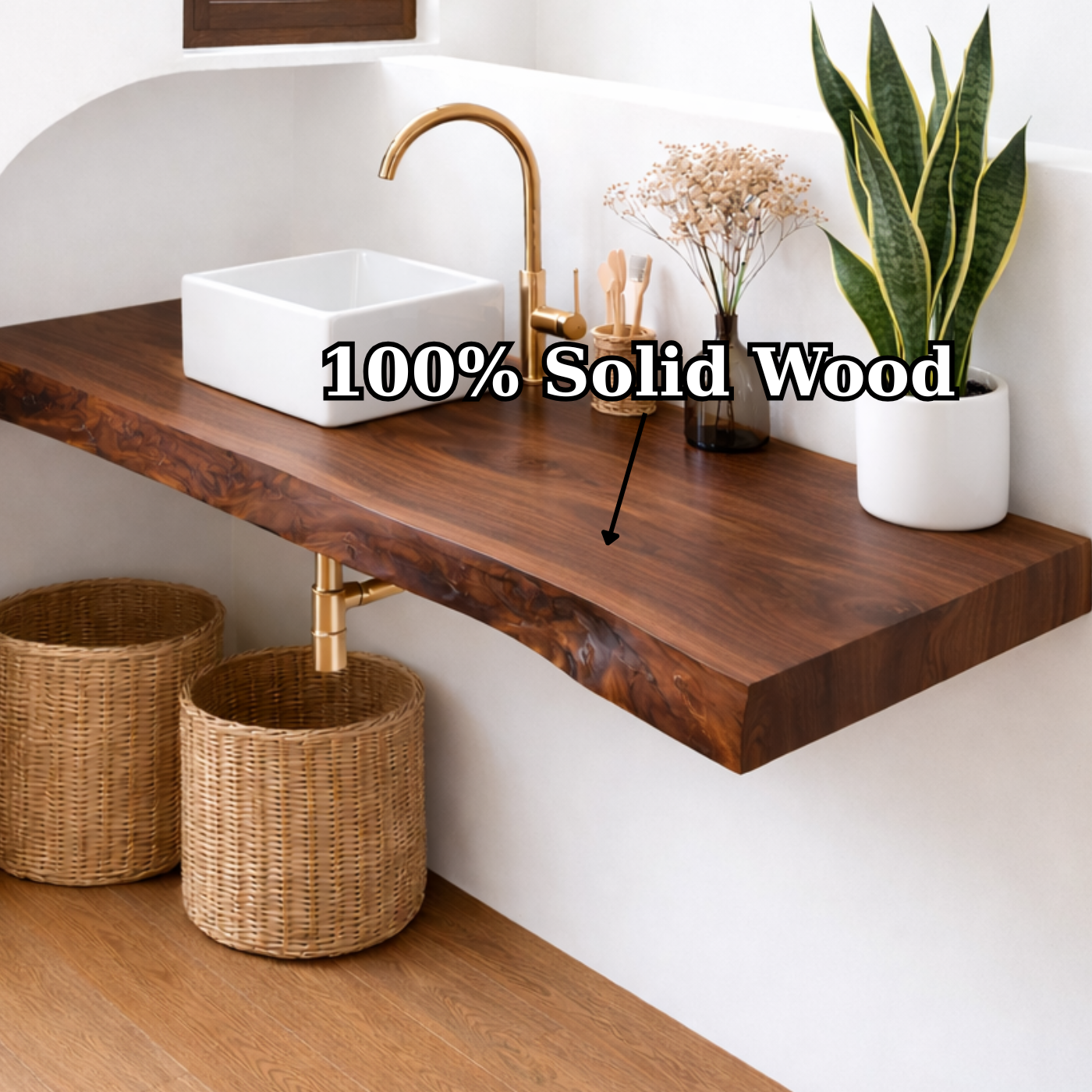 Floating Solid Wood Bathroom Vanity with Live Edge Top and Vessel Sink – Wall Mounted Vanity Kitchnce