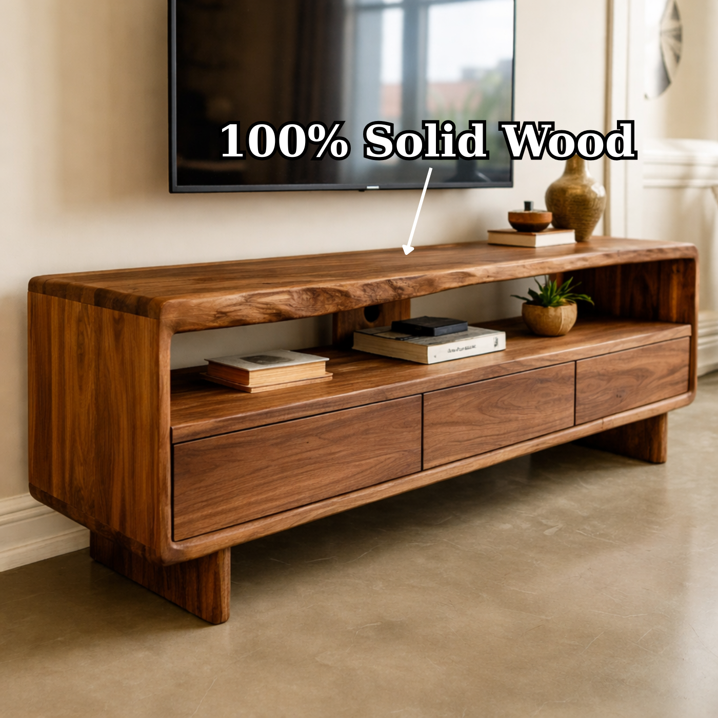 Mid Century Modern Solid Wood TV Stand – Walnut Media Console with Storage Drawers Kitchnce