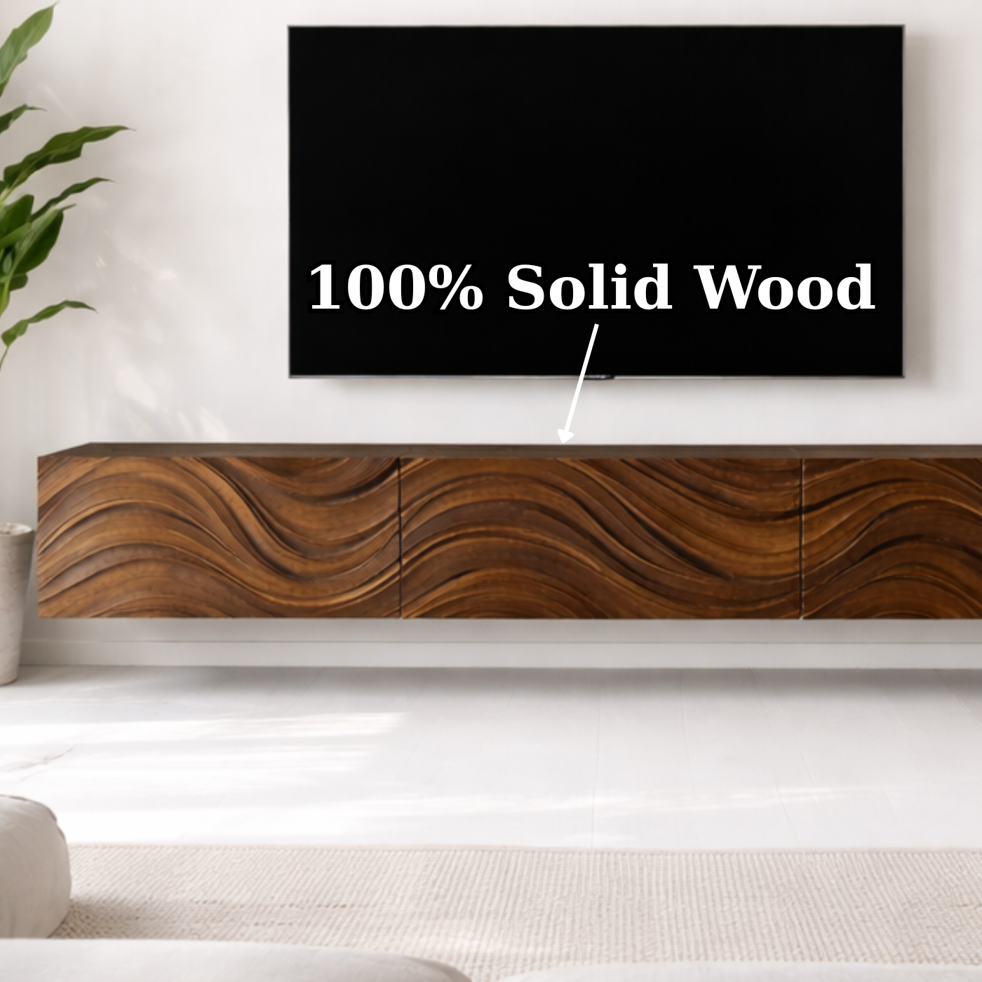 Floating Solid Wood TV Stand with Carved Wave Front – Modern Walnut Media Console Kitchnce