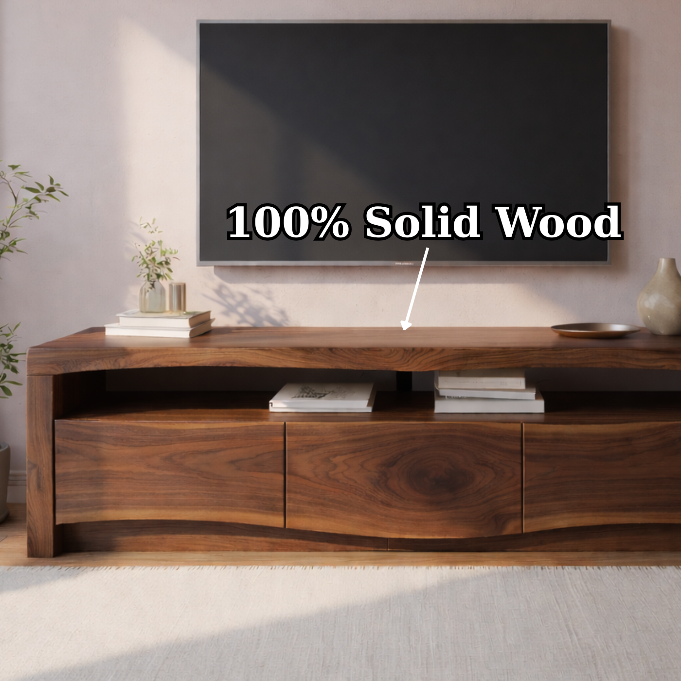 Modern Solid Wood TV Stand with Live Edge Top – Walnut Media Console Cabinet Kitchnce