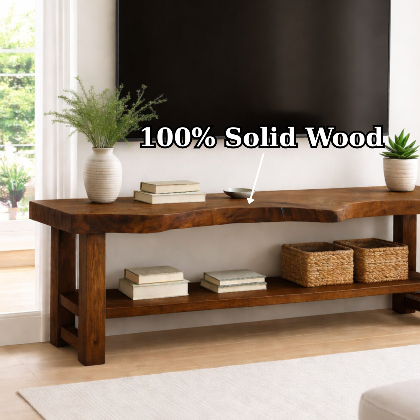 Live Edge Solid Wood TV Stand with Shelf – Rustic Walnut Media Console Table Kitchnce