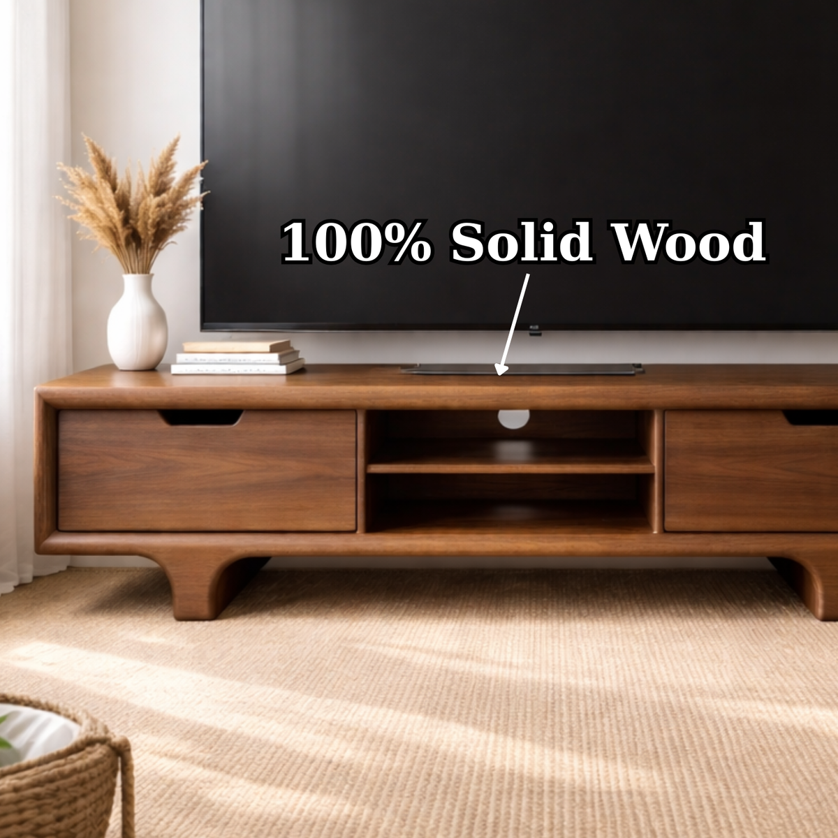 Mid Century Walnut Wood TV Stand with Drawers – Solid Wood Media Console Cabinet Kitchnce