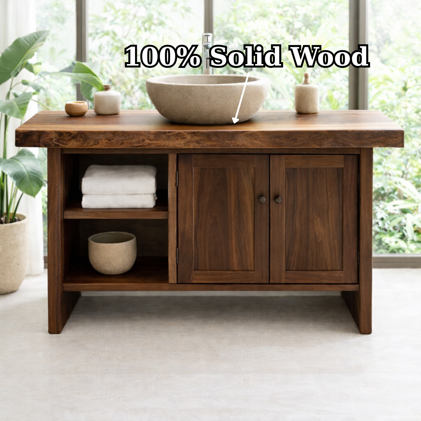 Solid Wood Bathroom Vanity Cabinet with Double Doors and Open Shelf – Rustic Modern Freestanding Vanity Base Kitchnce