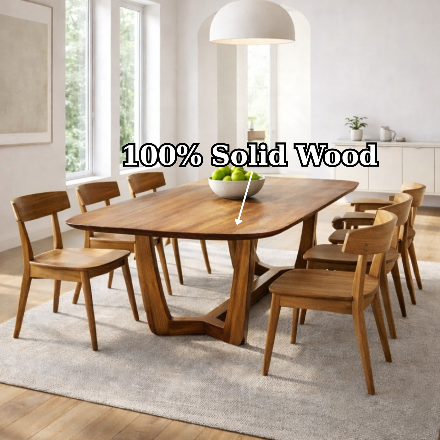 Solid Wood Rectangular Dining Table with Sculptural Base – Modern Rustic Wooden Dining Table