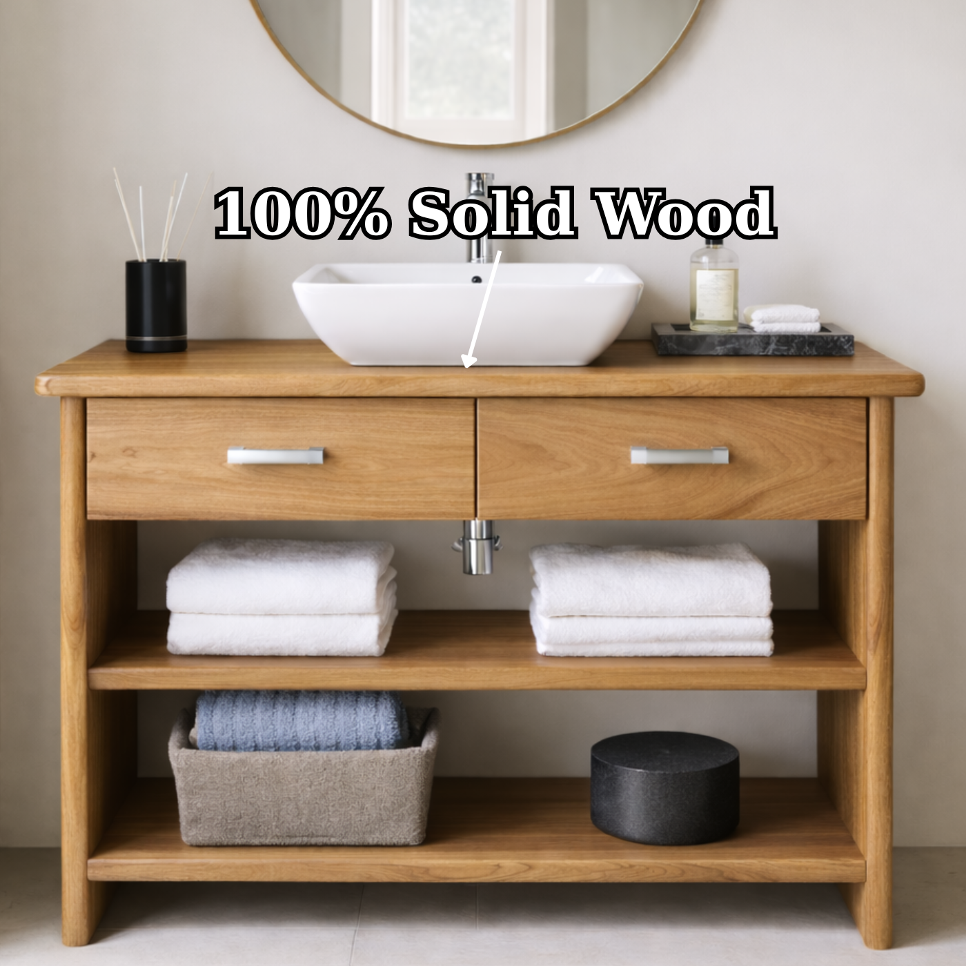 Solid Wood Bathroom Vanity Cabinet with Drawers and Open Shelves – Modern Freestanding Single Vanity