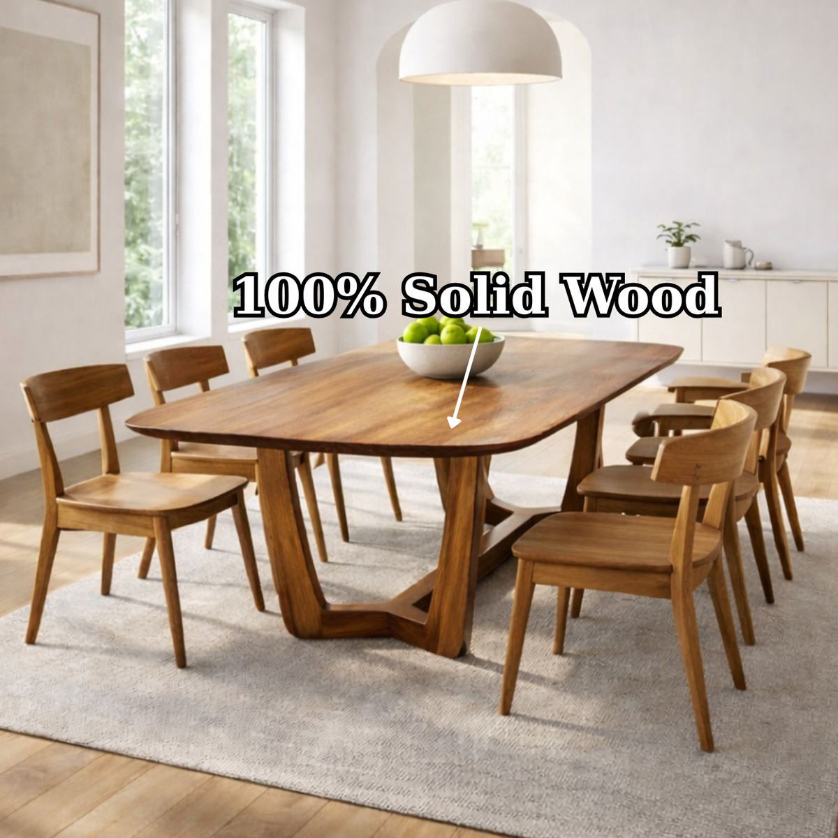 Solid Wood Rectangular Dining Table with Sculptural Base – Modern Rustic Wooden Dining Table Kitchnce