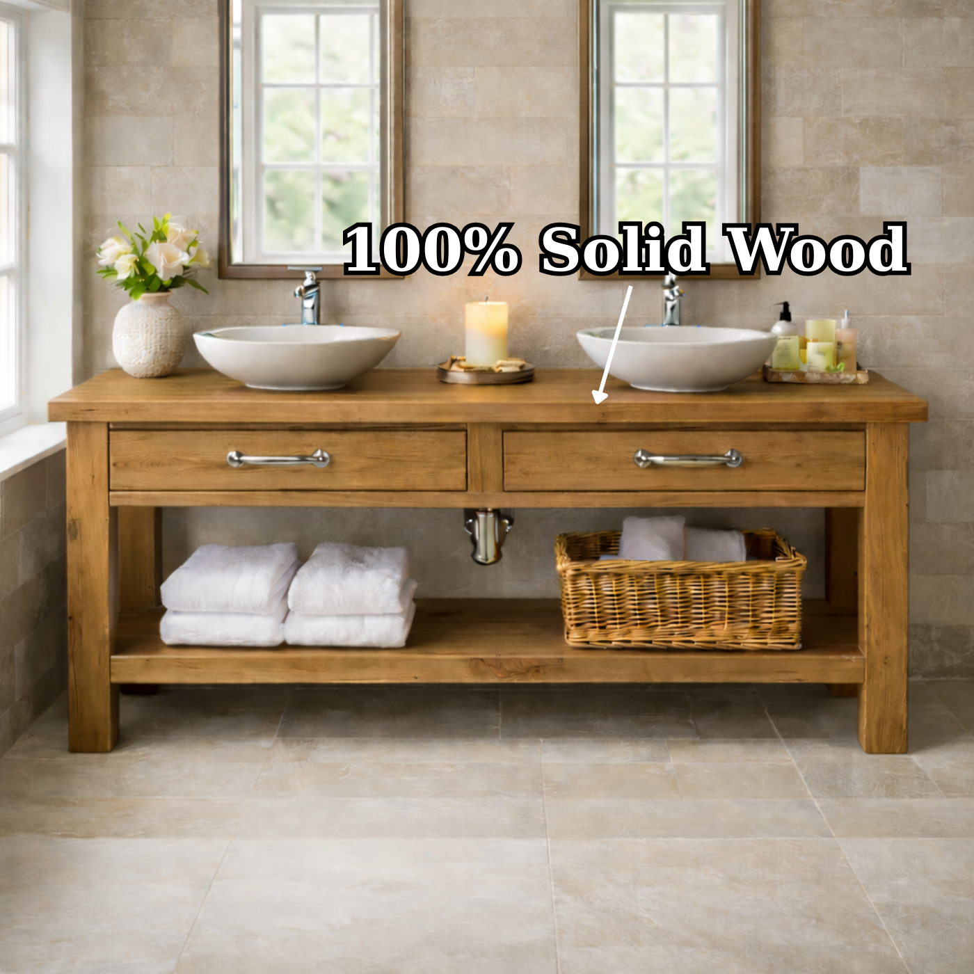 Solid Wood Double Bathroom Vanity with Drawers and Open Shelf Storage Kitchnce
