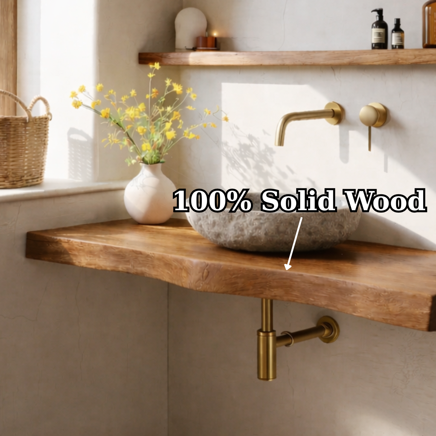Solid Wood Floating Bathroom Vanity Shelf with Rustic Natural Finish Kitchnce