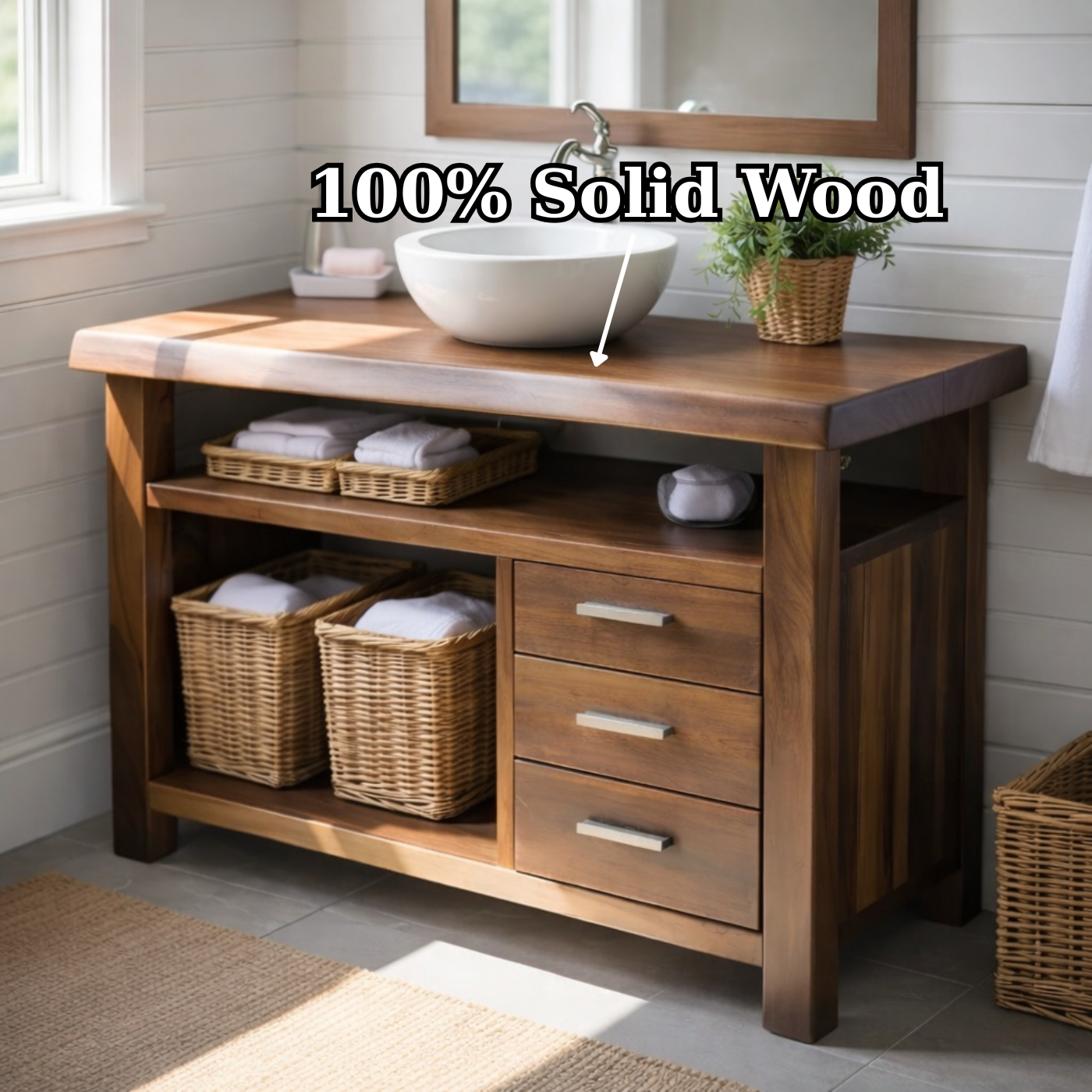 Handcraft Solid Wood Bathroom Vanity with Drawers and Open Shelf Storage Kitchnce