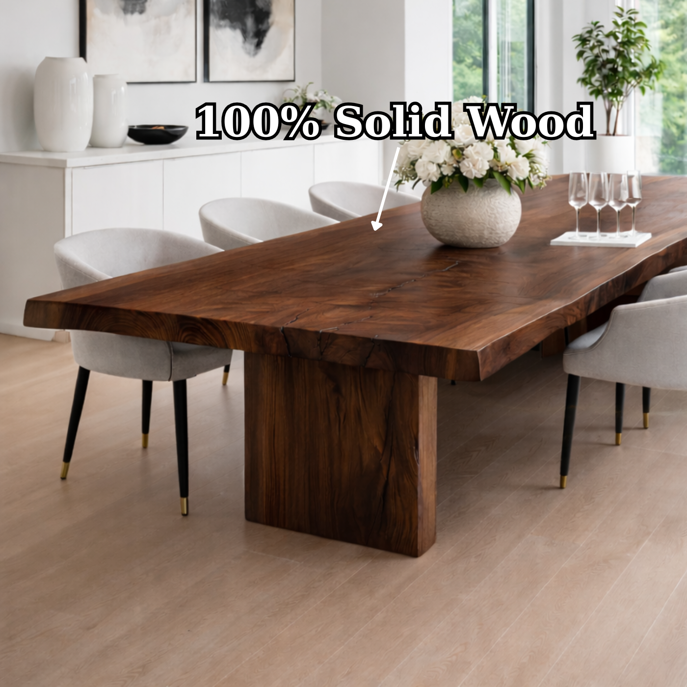 Solid Walnut Live Edge Dining Table with Sculptural Wood Base