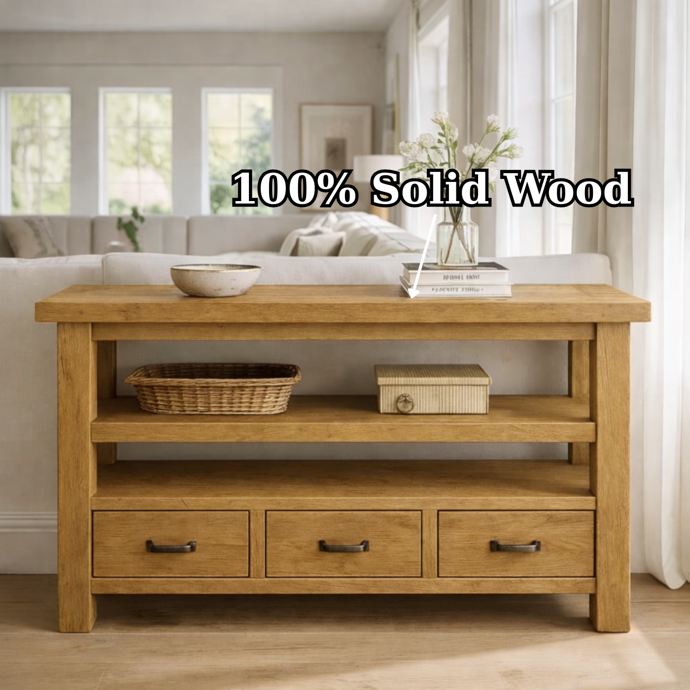 Solid Wood Console Table with Drawers and Open Shelf Kitchnce